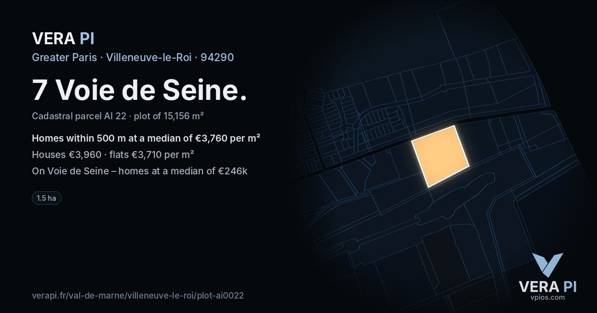7 Voie de Seine, Villeneuve-le-Roi at night – the plot lit, the parcels around coloured by the prices near them