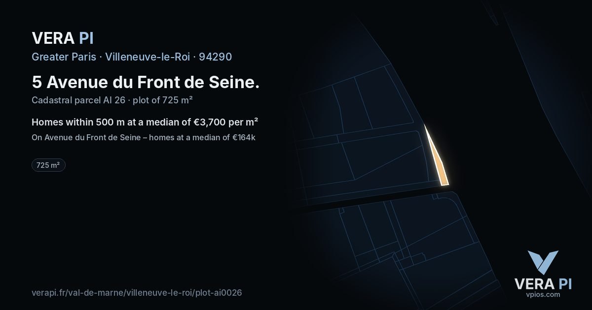 5 Avenue du Front de Seine, Villeneuve-le-Roi at night – the plot lit, the parcels around coloured by the prices near them