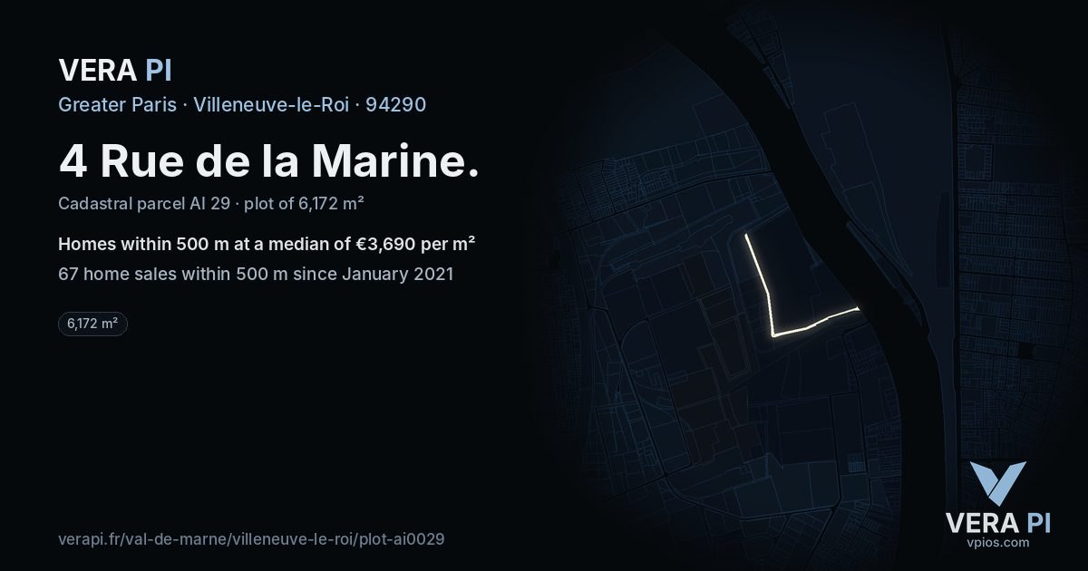 4 Rue de la Marine, Villeneuve-le-Roi at night – the plot lit, the parcels around coloured by the prices near them