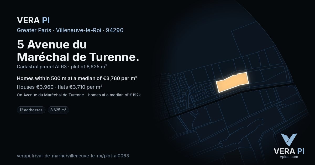5 Avenue du Maréchal de Turenne, Villeneuve-le-Roi at night – the plot lit, the parcels around coloured by the prices near them