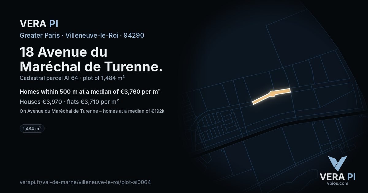 18 Avenue du Maréchal de Turenne, Villeneuve-le-Roi at night – the plot lit, the parcels around coloured by the prices near them