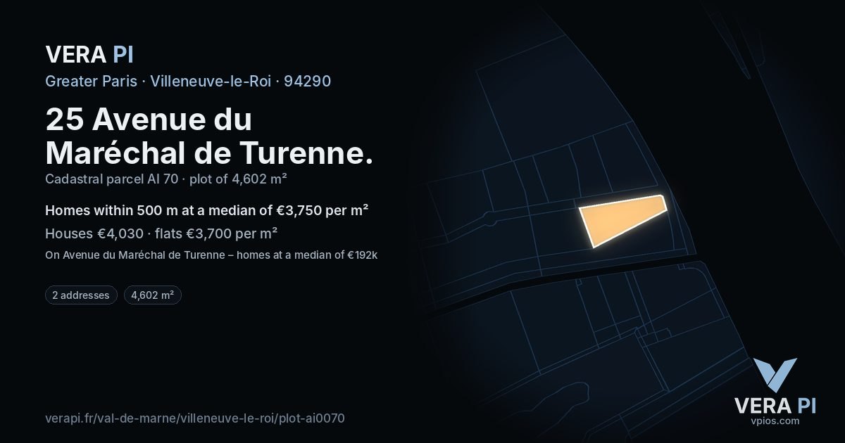 25 Avenue du Maréchal de Turenne, Villeneuve-le-Roi at night – the plot lit, the parcels around coloured by the prices near them