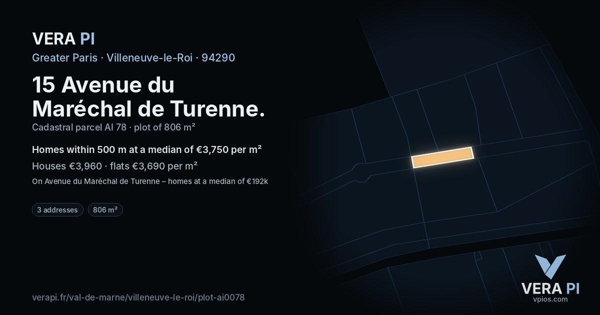 15 Avenue du Maréchal de Turenne, Villeneuve-le-Roi at night – the plot lit, the parcels around coloured by the prices near them