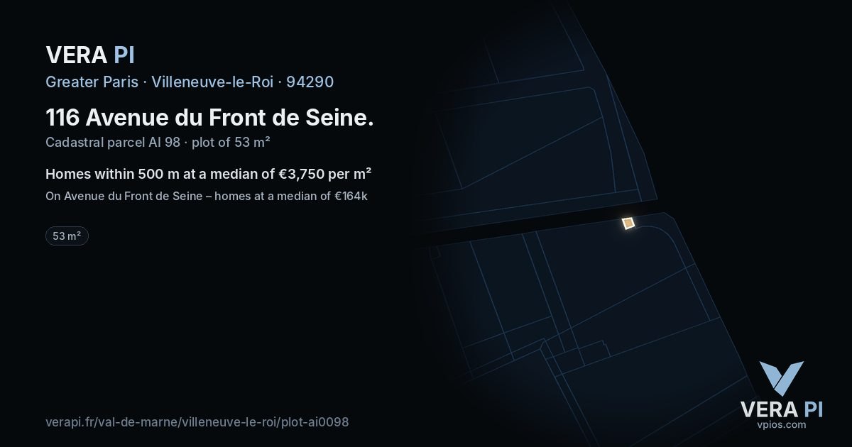 116 Avenue du Front de Seine, Villeneuve-le-Roi at night – the plot lit, the parcels around coloured by the prices near them