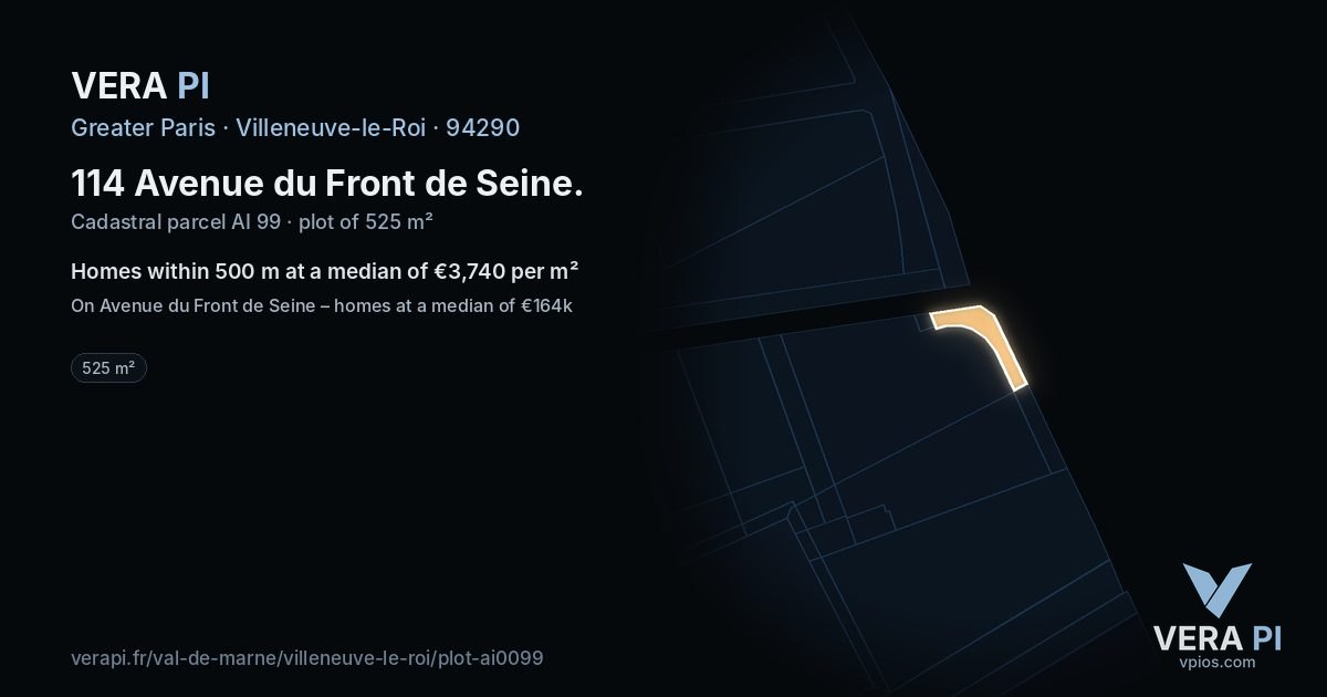 114 Avenue du Front de Seine, Villeneuve-le-Roi at night – the plot lit, the parcels around coloured by the prices near them