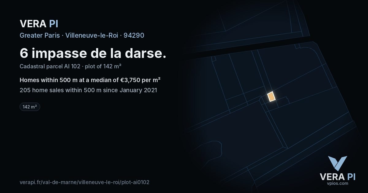 6 impasse de la darse, Villeneuve-le-Roi at night – the plot lit, the parcels around coloured by the prices near them