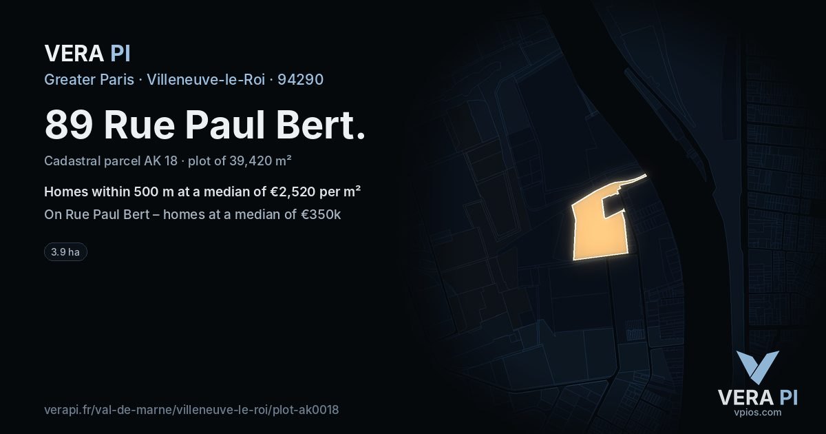 89 Rue Paul Bert, Villeneuve-le-Roi at night – the plot lit, the parcels around coloured by the prices near them