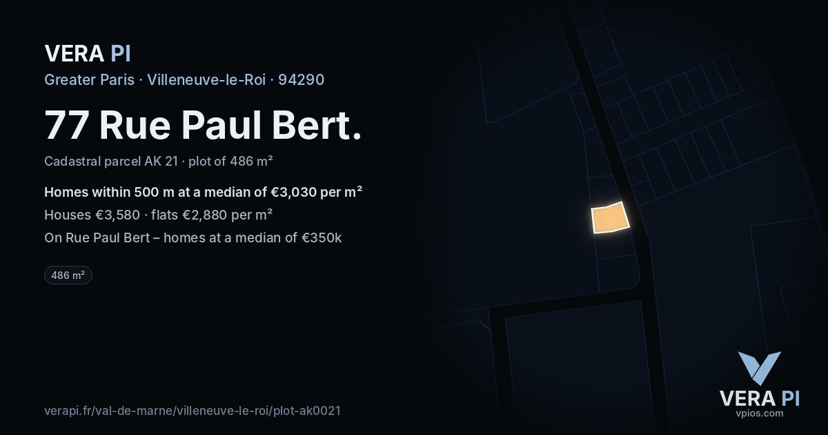 77 Rue Paul Bert, Villeneuve-le-Roi at night – the plot lit, the parcels around coloured by the prices near them