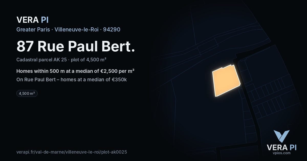 87 Rue Paul Bert, Villeneuve-le-Roi at night – the plot lit, the parcels around coloured by the prices near them