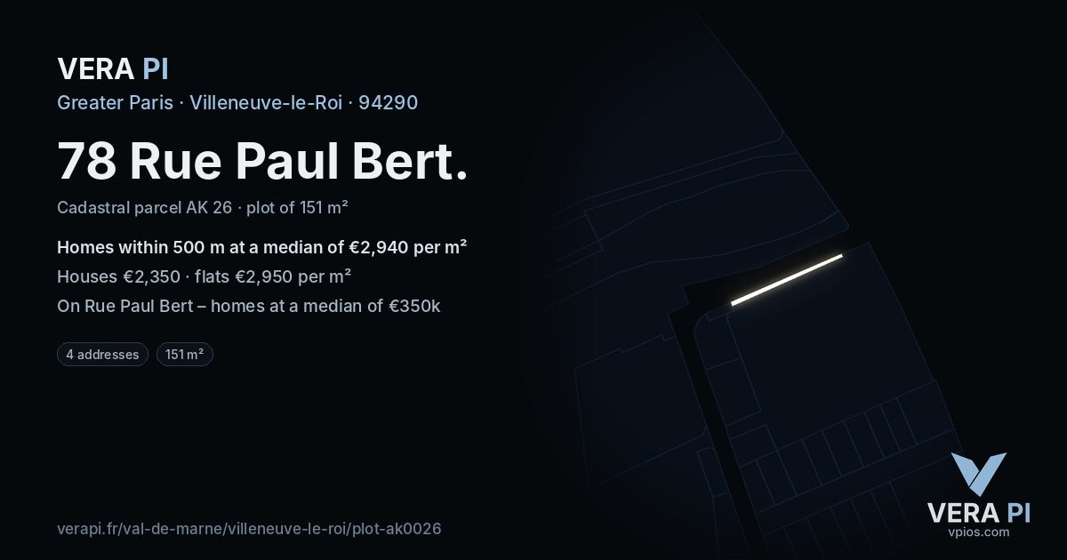 78 Rue Paul Bert, Villeneuve-le-Roi at night – the plot lit, the parcels around coloured by the prices near them
