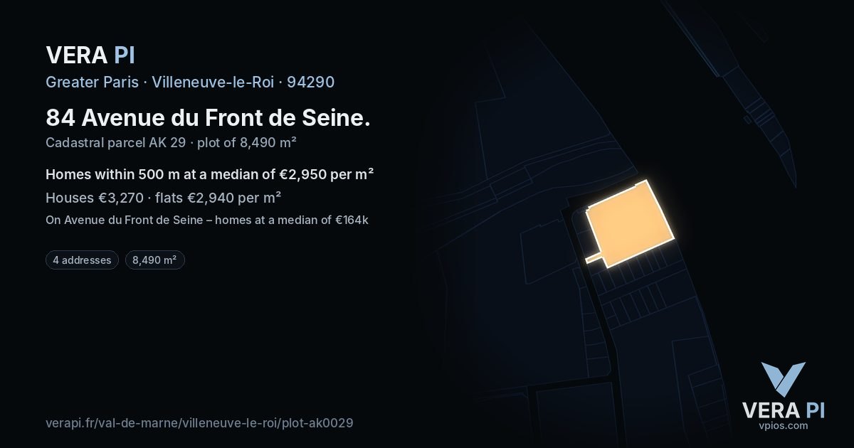 84 Avenue du Front de Seine, Villeneuve-le-Roi at night – the plot lit, the parcels around coloured by the prices near them