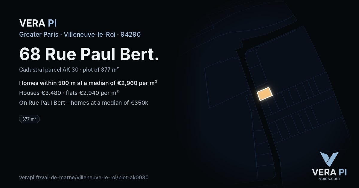68 Rue Paul Bert, Villeneuve-le-Roi at night – the plot lit, the parcels around coloured by the prices near them