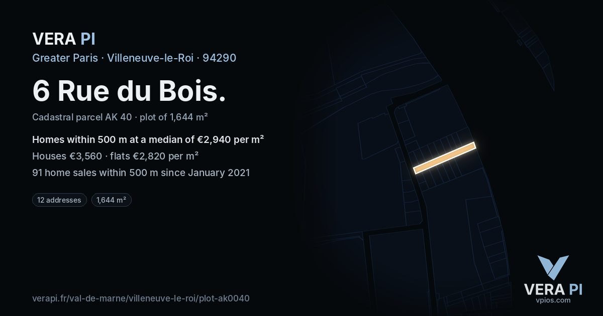 6 Rue du Bois, Villeneuve-le-Roi at night – the plot lit, the parcels around coloured by the prices near them