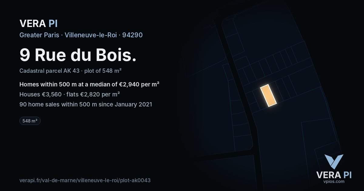 9 Rue du Bois, Villeneuve-le-Roi at night – the plot lit, the parcels around coloured by the prices near them