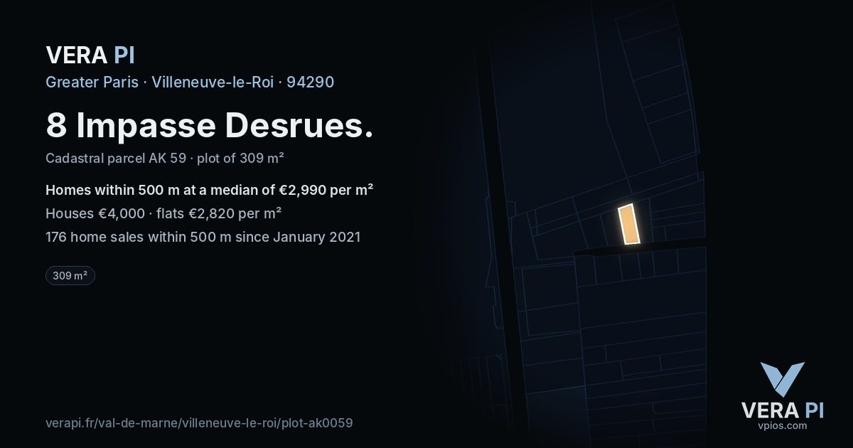 8 Impasse Desrues, Villeneuve-le-Roi at night – the plot lit, the parcels around coloured by the prices near them