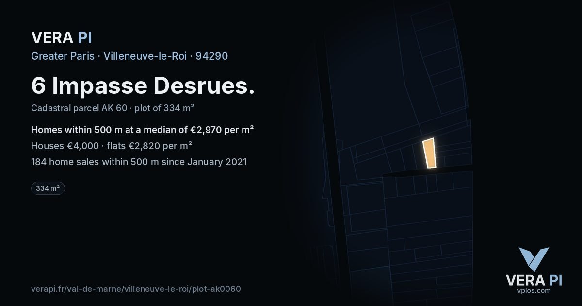 6 Impasse Desrues, Villeneuve-le-Roi at night – the plot lit, the parcels around coloured by the prices near them