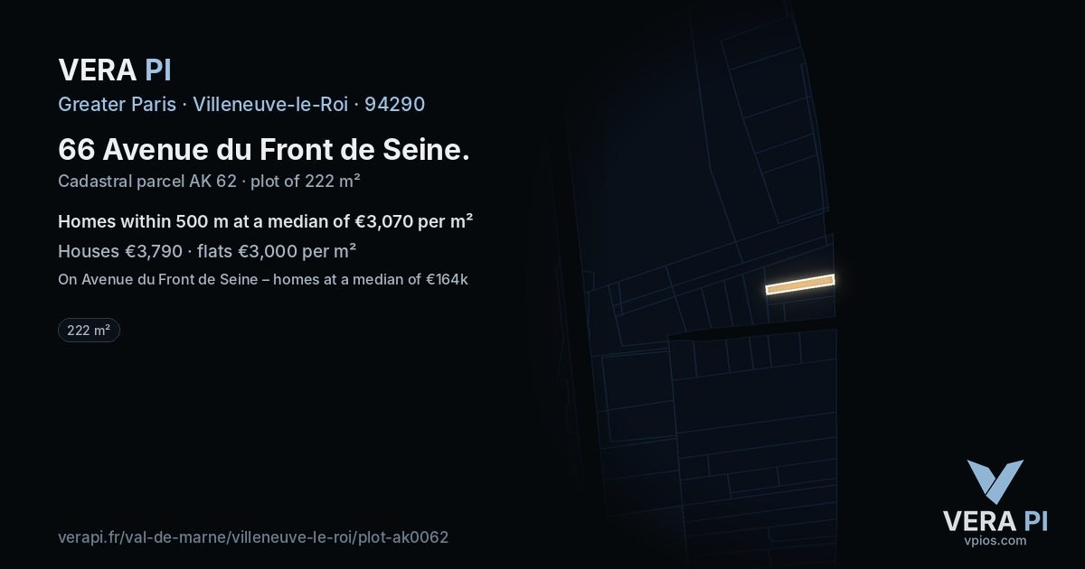 66 Avenue du Front de Seine, Villeneuve-le-Roi at night – the plot lit, the parcels around coloured by the prices near them