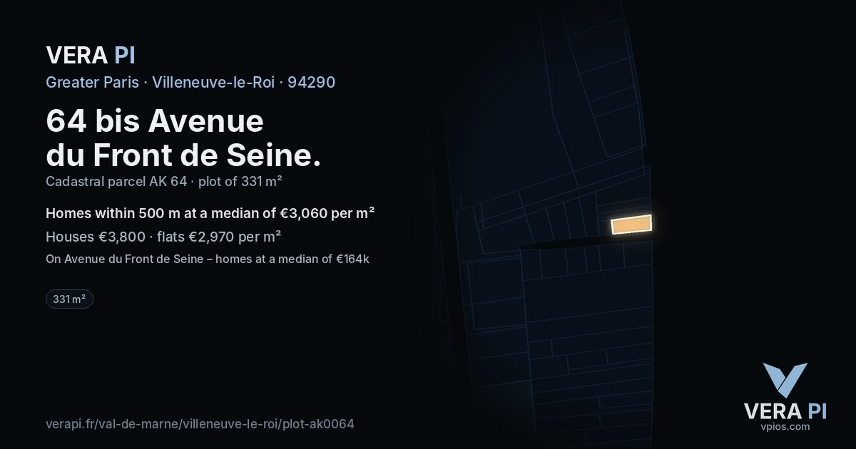 64 bis Avenue du Front de Seine, Villeneuve-le-Roi at night – the plot lit, the parcels around coloured by the prices near them