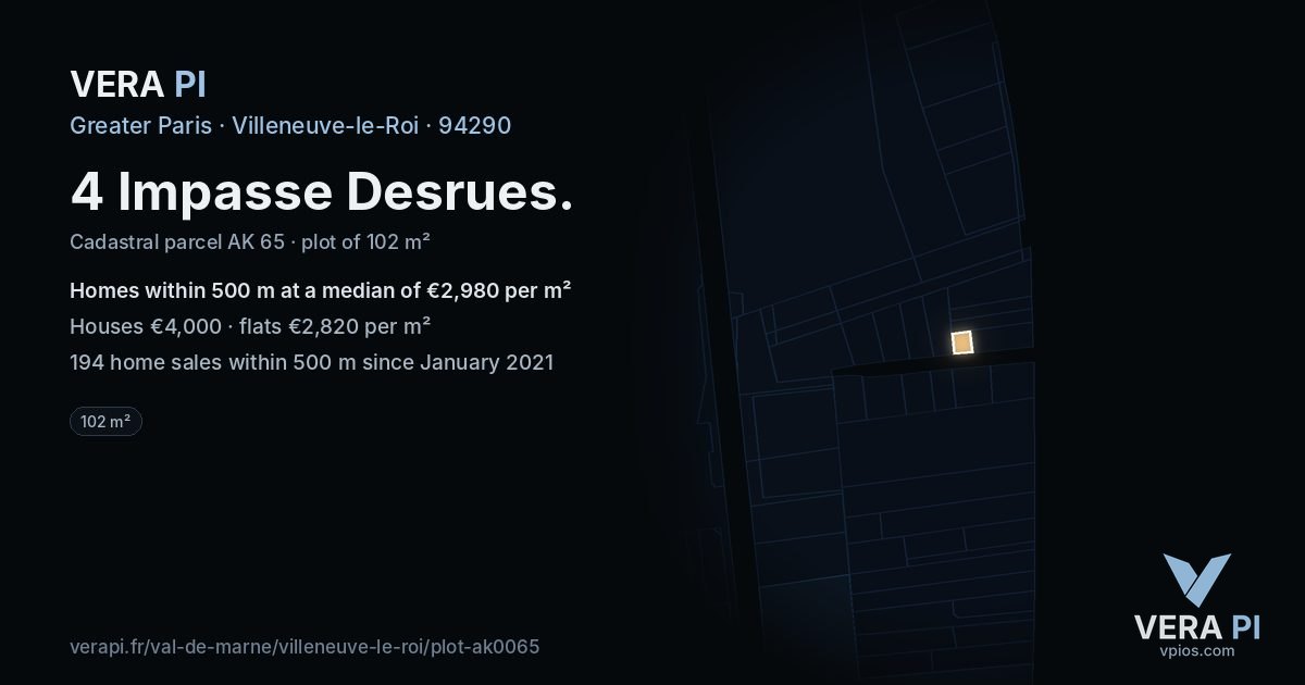 4 Impasse Desrues, Villeneuve-le-Roi at night – the plot lit, the parcels around coloured by the prices near them
