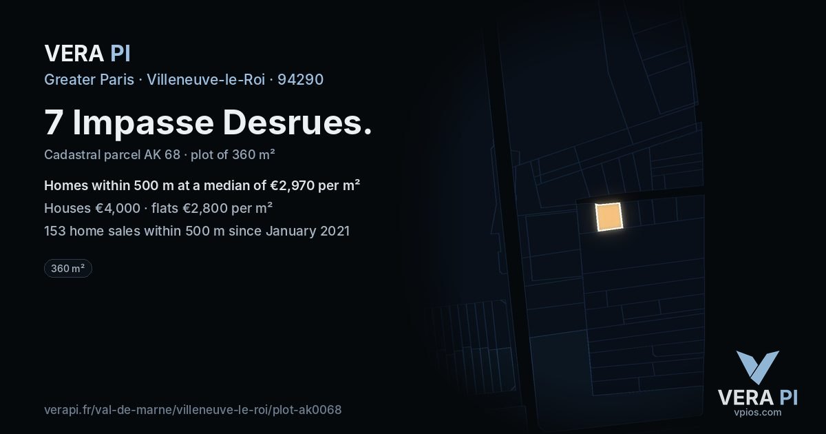 7 Impasse Desrues, Villeneuve-le-Roi at night – the plot lit, the parcels around coloured by the prices near them