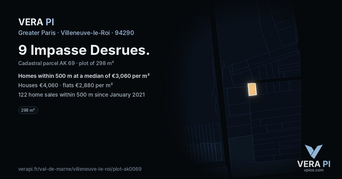 9 Impasse Desrues, Villeneuve-le-Roi at night – the plot lit, the parcels around coloured by the prices near them