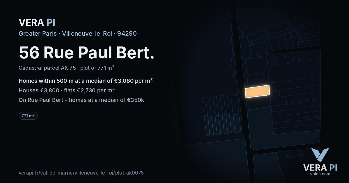 56 Rue Paul Bert, Villeneuve-le-Roi at night – the plot lit, the parcels around coloured by the prices near them