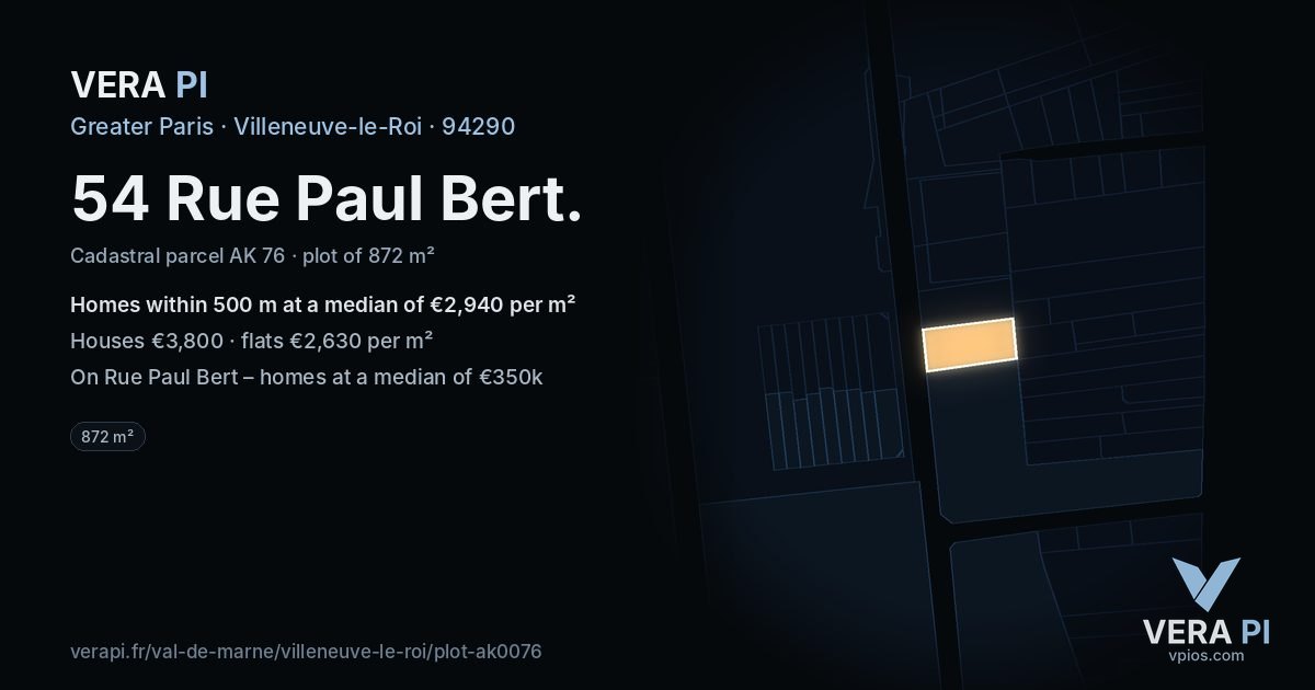 54 Rue Paul Bert, Villeneuve-le-Roi at night – the plot lit, the parcels around coloured by the prices near them