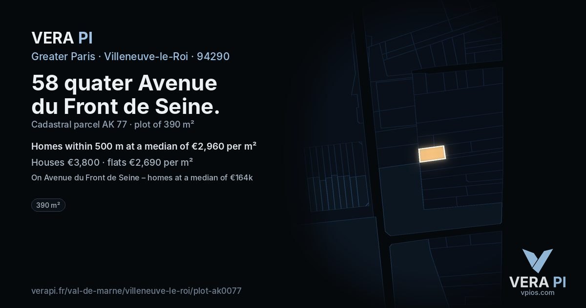 58 quater Avenue du Front de Seine, Villeneuve-le-Roi at night – the plot lit, the parcels around coloured by the prices near them