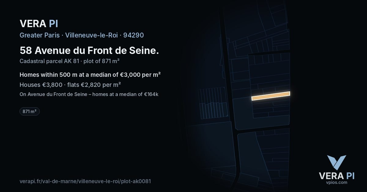 58 Avenue du Front de Seine, Villeneuve-le-Roi at night – the plot lit, the parcels around coloured by the prices near them