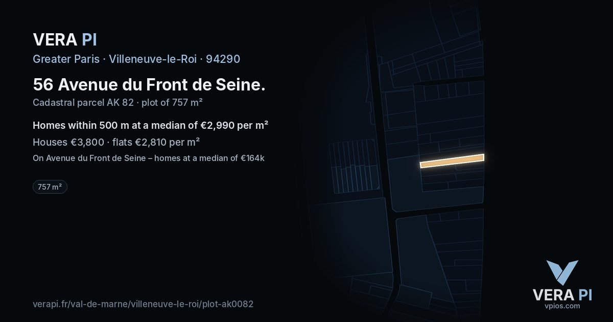 56 Avenue du Front de Seine, Villeneuve-le-Roi at night – the plot lit, the parcels around coloured by the prices near them