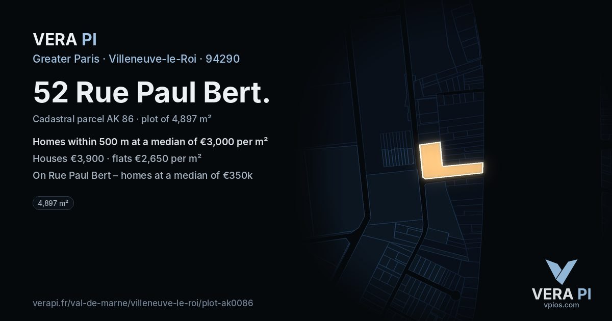 52 Rue Paul Bert, Villeneuve-le-Roi at night – the plot lit, the parcels around coloured by the prices near them