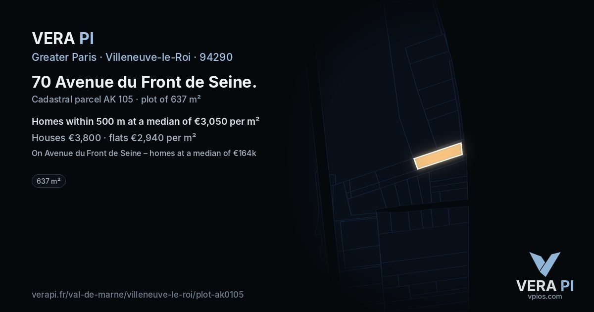 70 Avenue du Front de Seine, Villeneuve-le-Roi at night – the plot lit, the parcels around coloured by the prices near them