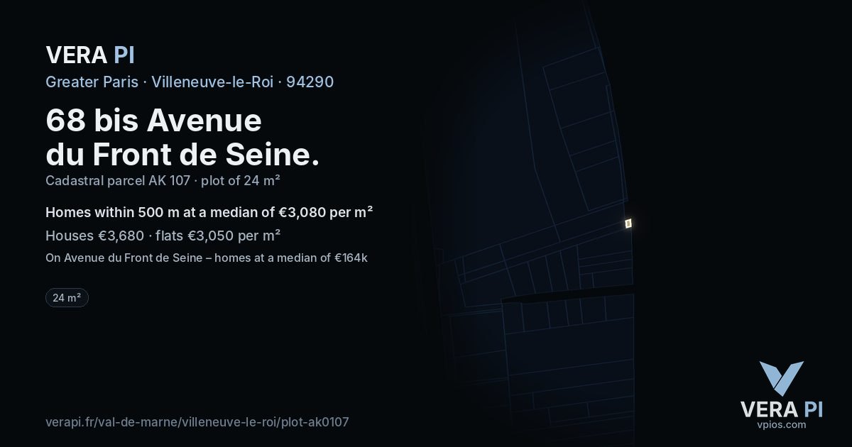 68 bis Avenue du Front de Seine, Villeneuve-le-Roi at night – the plot lit, the parcels around coloured by the prices near them