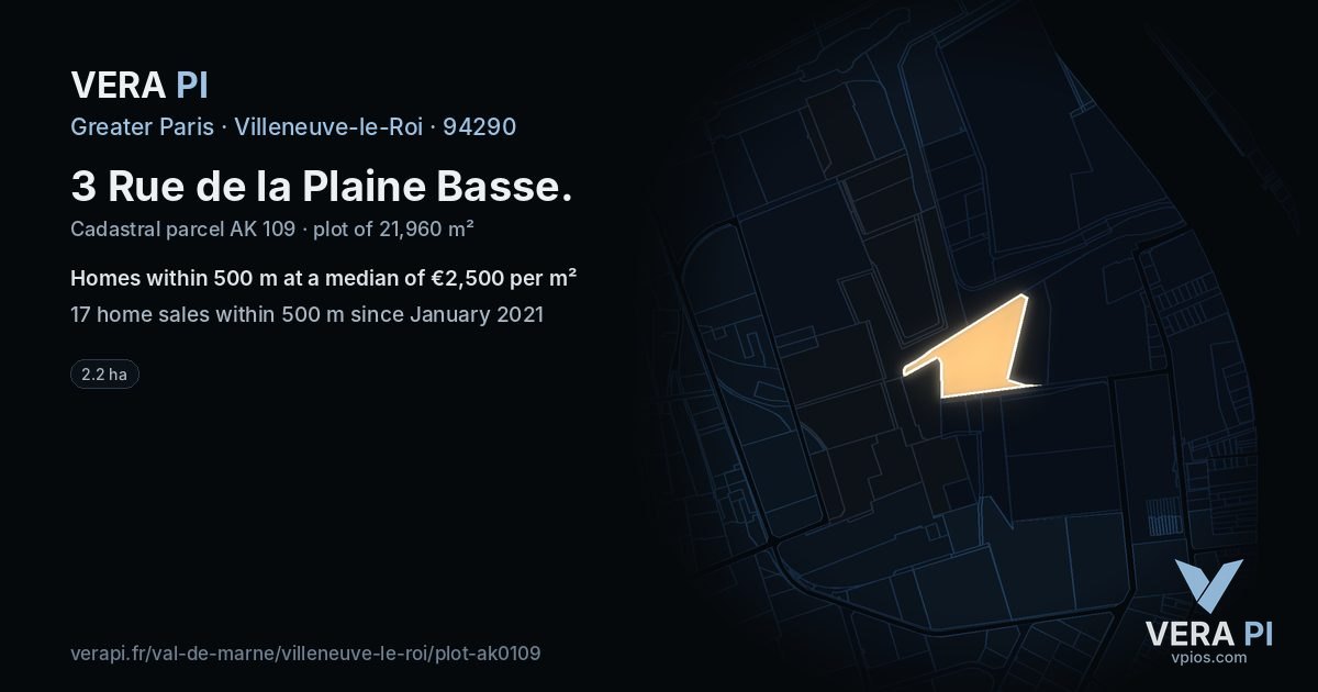 3 Rue de la Plaine Basse, Villeneuve-le-Roi at night – the plot lit, the parcels around coloured by the prices near them