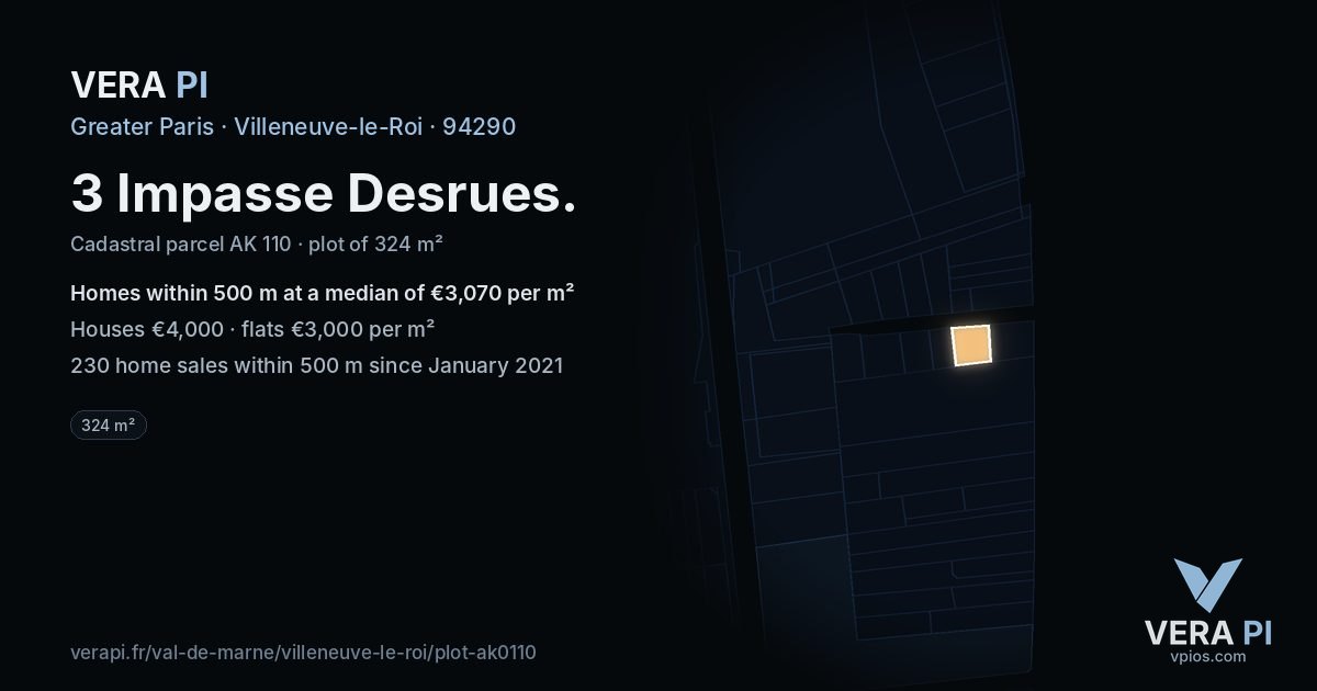 3 Impasse Desrues, Villeneuve-le-Roi at night – the plot lit, the parcels around coloured by the prices near them