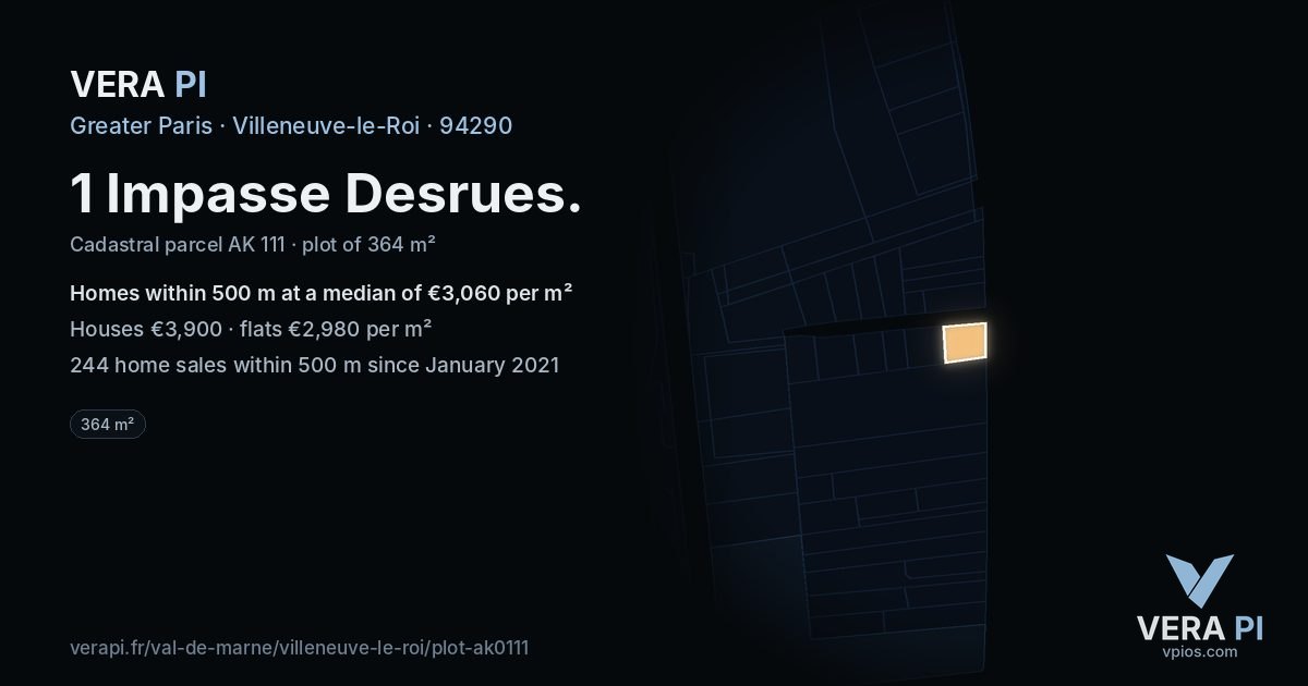1 Impasse Desrues, Villeneuve-le-Roi at night – the plot lit, the parcels around coloured by the prices near them