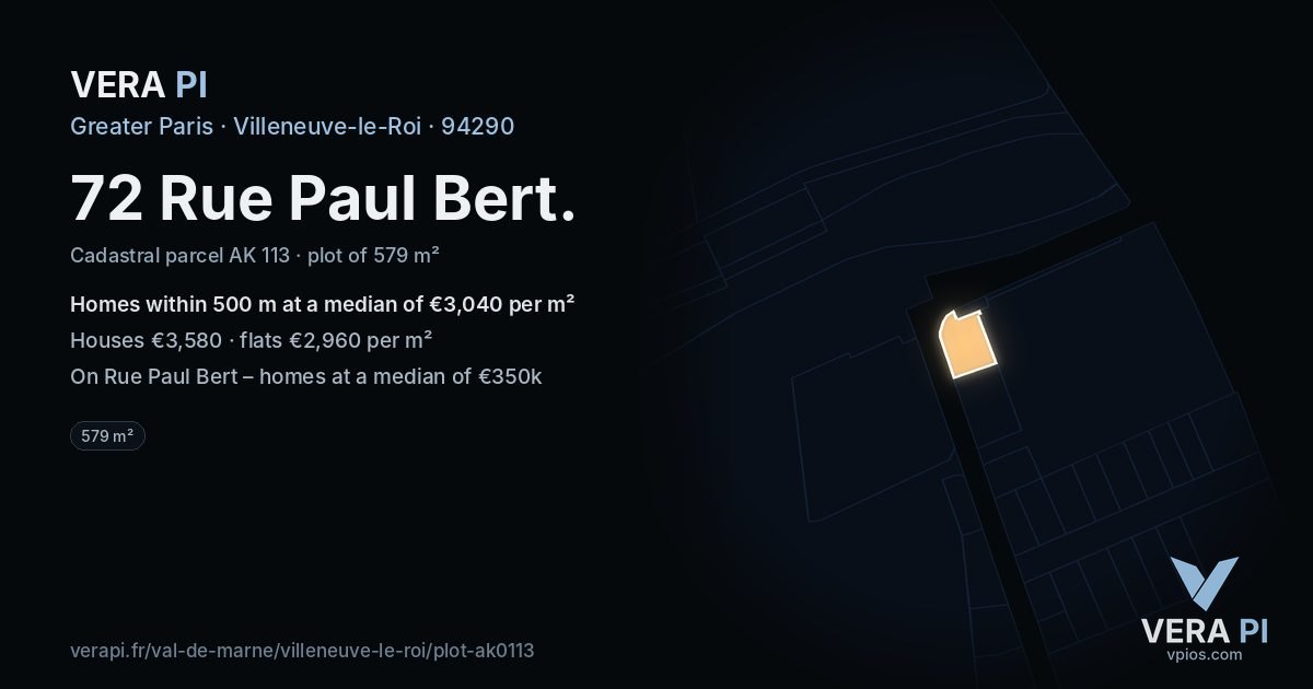 72 Rue Paul Bert, Villeneuve-le-Roi at night – the plot lit, the parcels around coloured by the prices near them