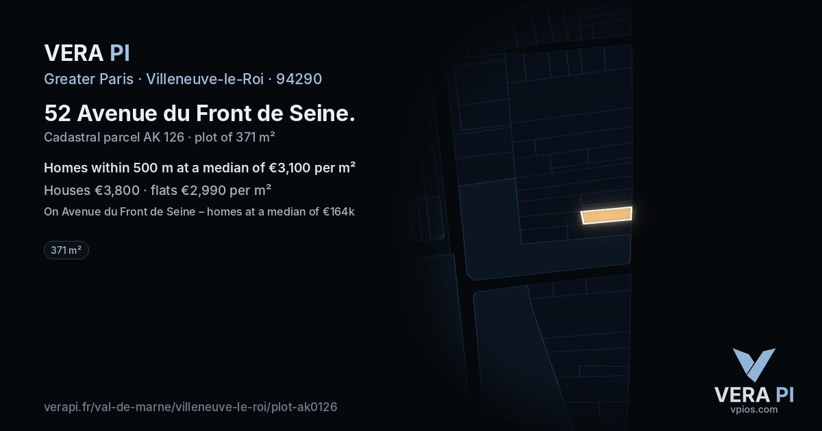 52 Avenue du Front de Seine, Villeneuve-le-Roi at night – the plot lit, the parcels around coloured by the prices near them