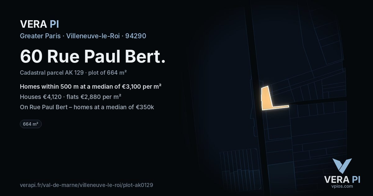 60 Rue Paul Bert, Villeneuve-le-Roi at night – the plot lit, the parcels around coloured by the prices near them