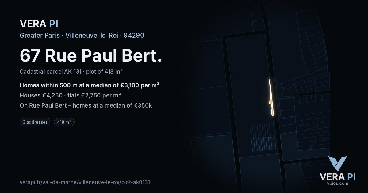 67 Rue Paul Bert, Villeneuve-le-Roi at night – the plot lit, the parcels around coloured by the prices near them