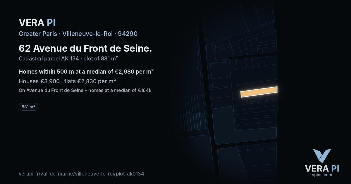 62 Avenue du Front de Seine, Villeneuve-le-Roi at night – the plot lit, the parcels around coloured by the prices near them