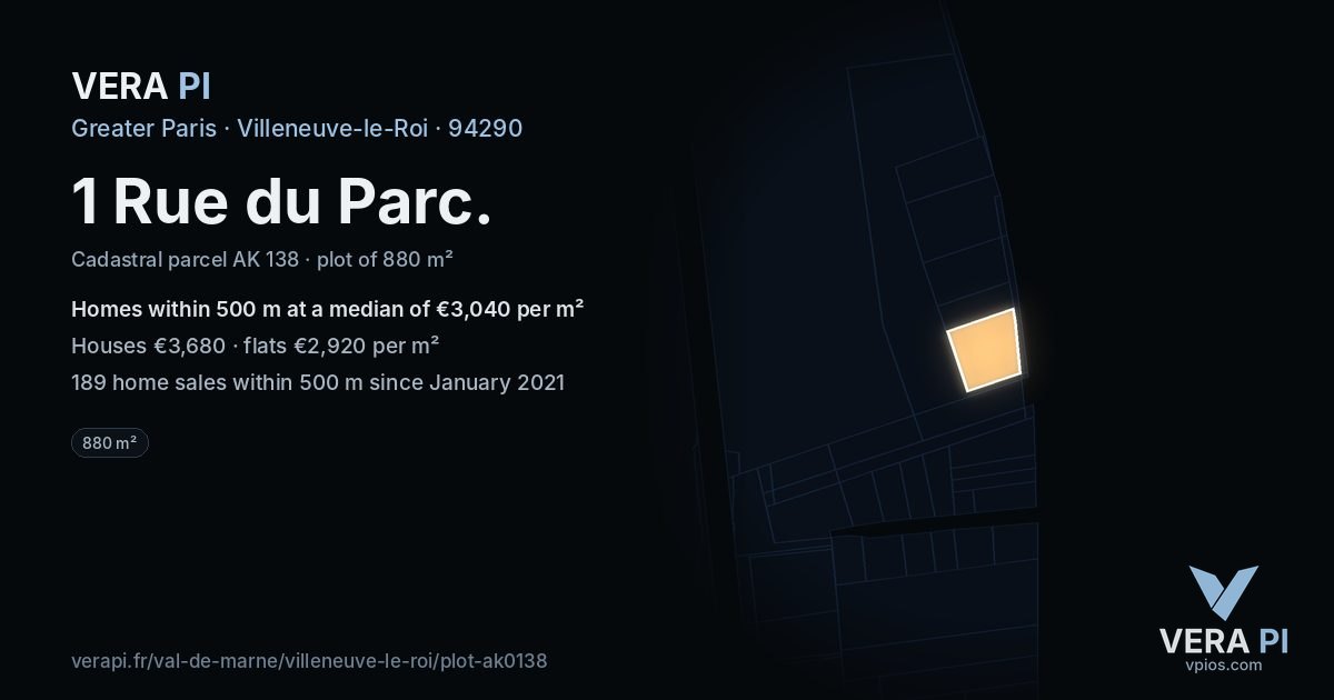 1 Rue du Parc, Villeneuve-le-Roi at night – the plot lit, the parcels around coloured by the prices near them