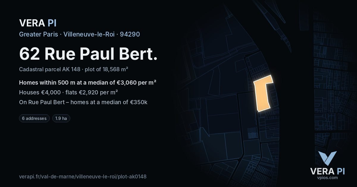 62 Rue Paul Bert, Villeneuve-le-Roi at night – the plot lit, the parcels around coloured by the prices near them