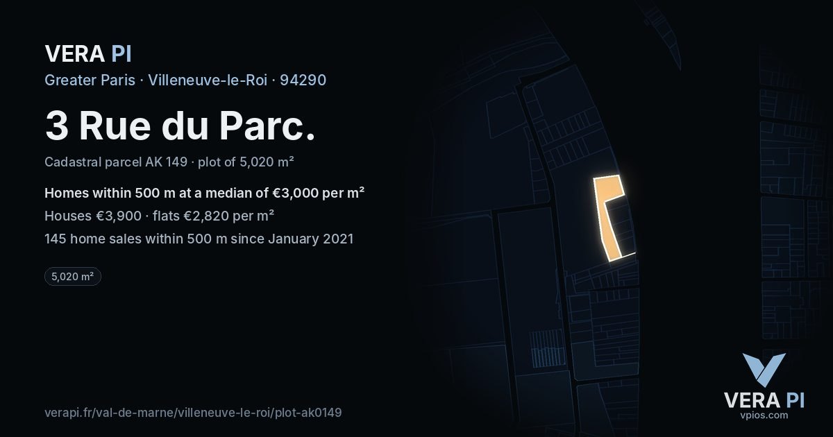 3 Rue du Parc, Villeneuve-le-Roi at night – the plot lit, the parcels around coloured by the prices near them