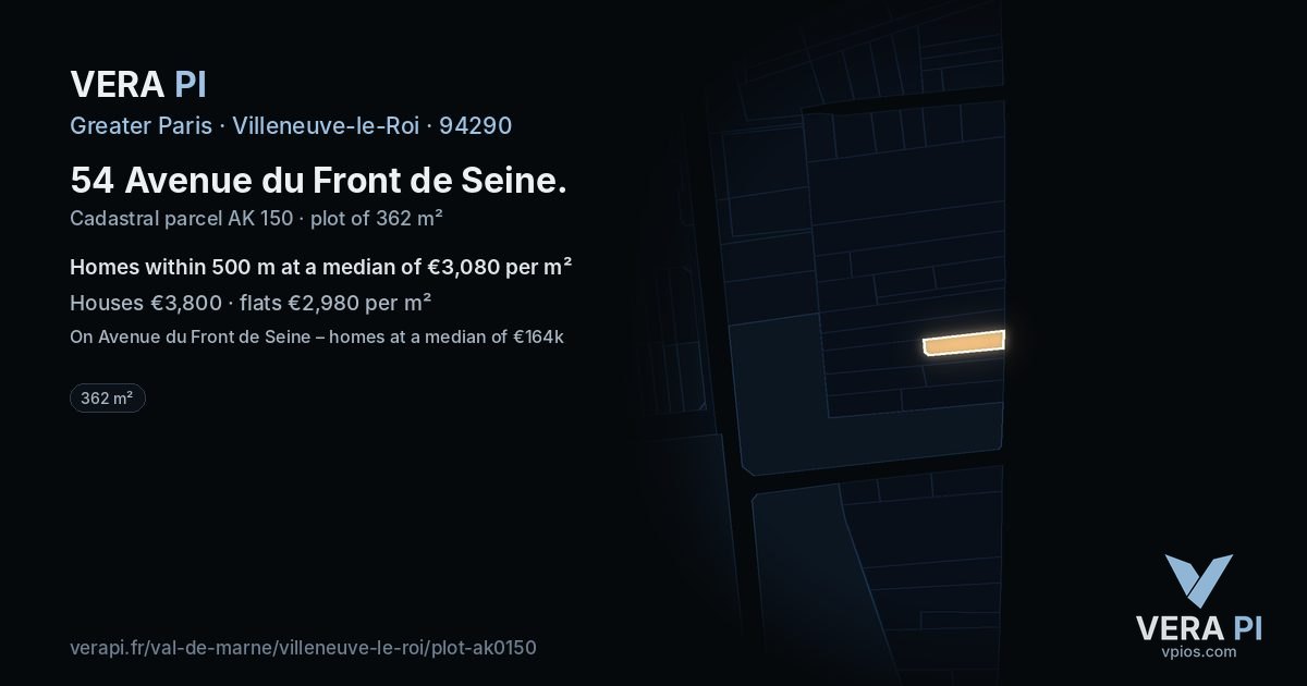 54 Avenue du Front de Seine, Villeneuve-le-Roi at night – the plot lit, the parcels around coloured by the prices near them