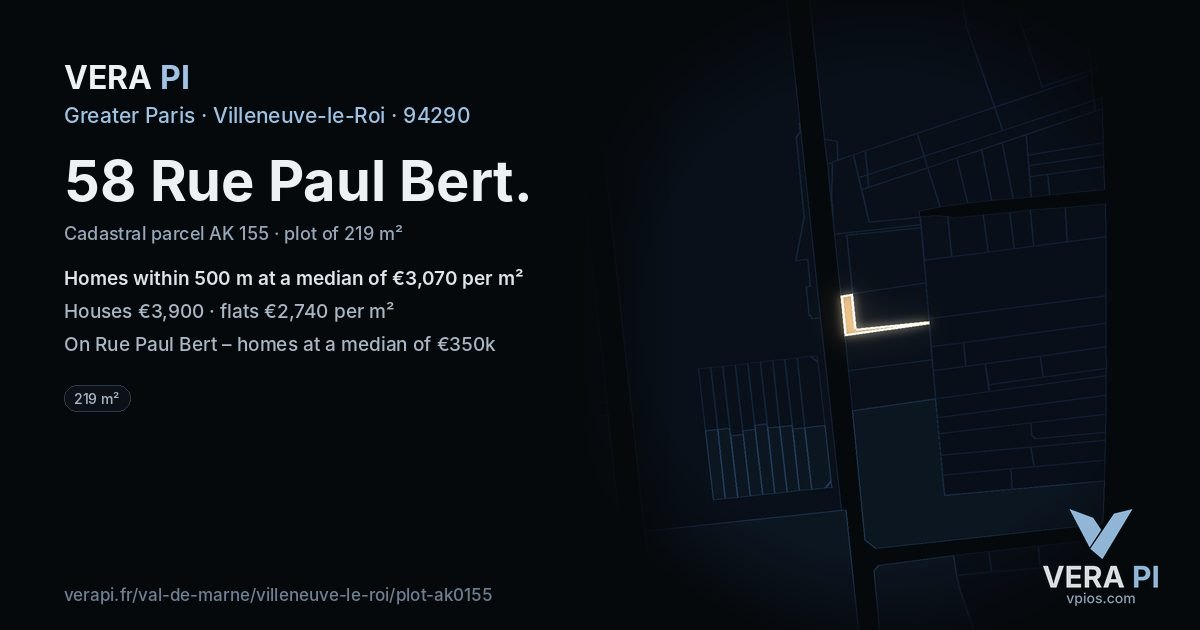 58 Rue Paul Bert, Villeneuve-le-Roi at night – the plot lit, the parcels around coloured by the prices near them