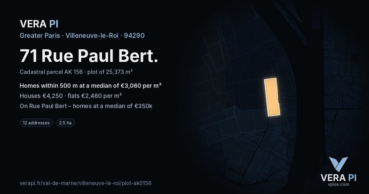 71 Rue Paul Bert, Villeneuve-le-Roi at night – the plot lit, the parcels around coloured by the prices near them