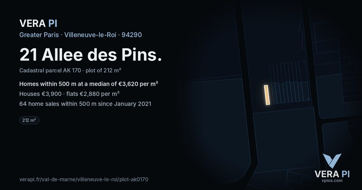 21 Allee des Pins, Villeneuve-le-Roi at night – the plot lit, the parcels around coloured by the prices near them