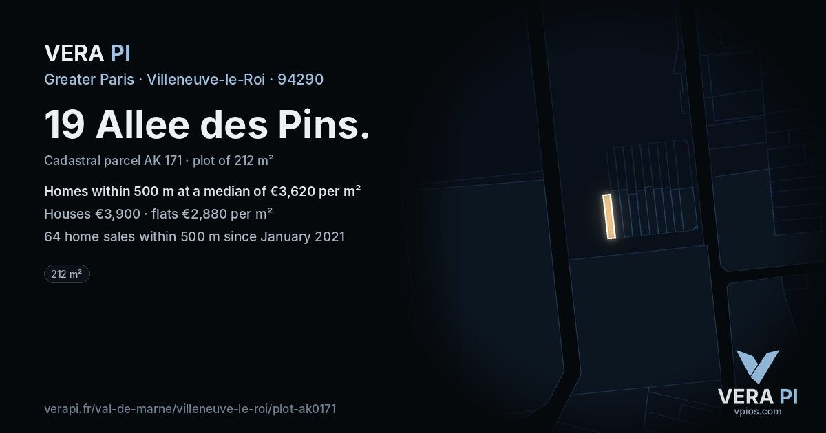 19 Allee des Pins, Villeneuve-le-Roi at night – the plot lit, the parcels around coloured by the prices near them
