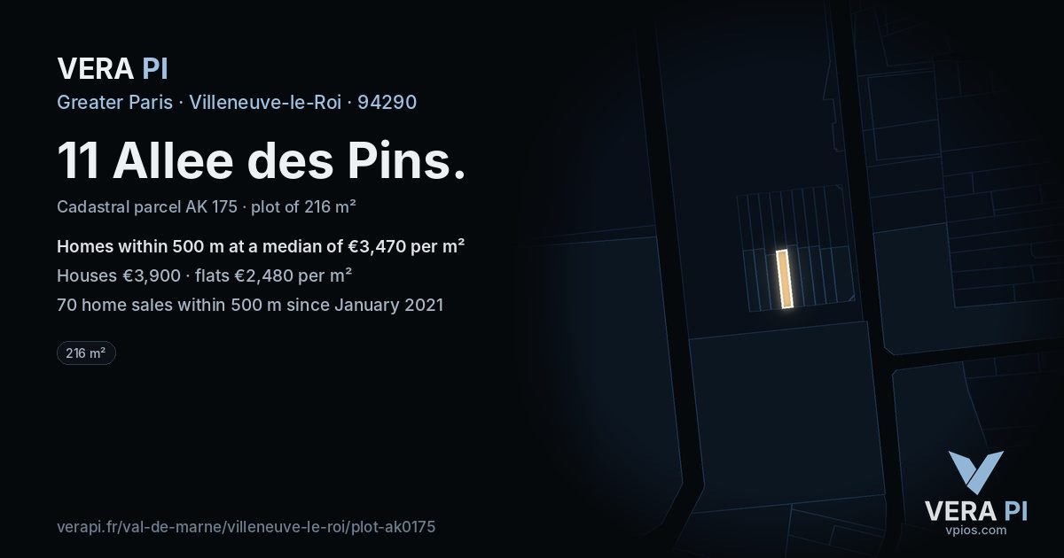 11 Allee des Pins, Villeneuve-le-Roi at night – the plot lit, the parcels around coloured by the prices near them